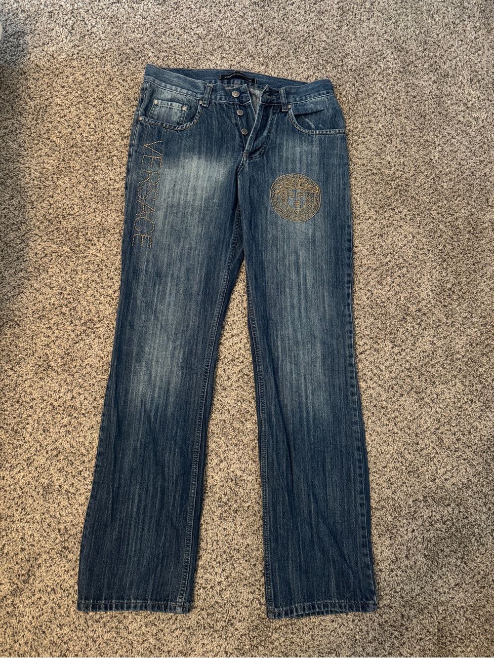 Versace Dark Blue Straight Leg Jeans with Gold Embroidery